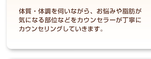 体質・体調を伺いながら、お悩みや脂肪が気になる部位などをカウンセラーが丁寧にカウンセリングしていきます。