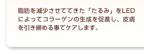 脂肪を減少させてできた「たるみ」をLEDによってコラーゲンの生成を促進し、皮膚を引き締める事でケアします。