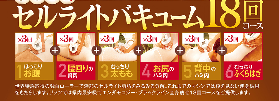 まるごと！全身痩せ6部位　世界特許取得の独自ローラーで深部のセルライト脂肪にアプローチ。これまでのマシンでは類を見ない痩身結果をもたらします。リッツでは県内最安級でエンダモロジーをご提供します。