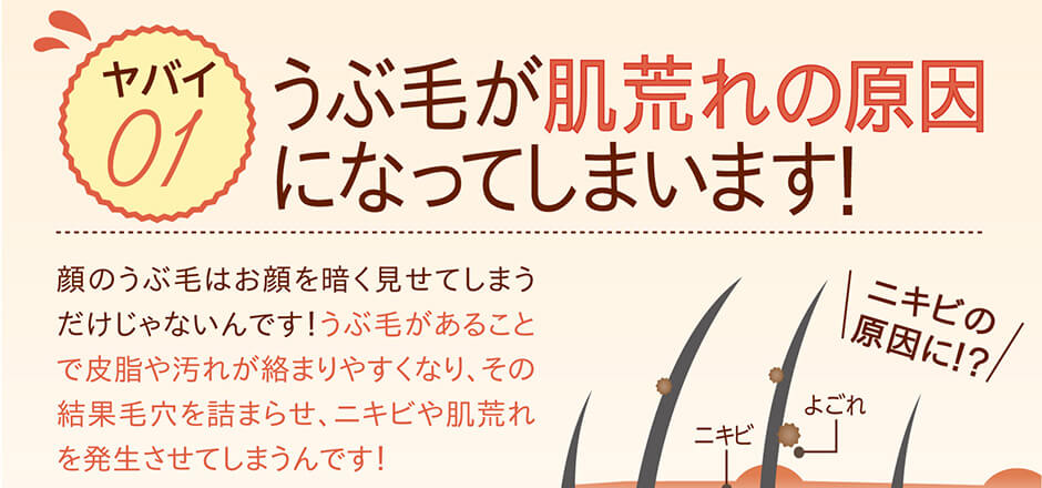 うぶ毛が肌荒れの 原因になってしまいます！ 顔のうぶ毛はお顔を暗く見せてしまうだけじゃないんです！うぶ毛があることで皮脂や汚れが絡まりやすくなり、その結果毛穴を詰まらせ、ニキビや肌荒れを発生させてしまうんです！